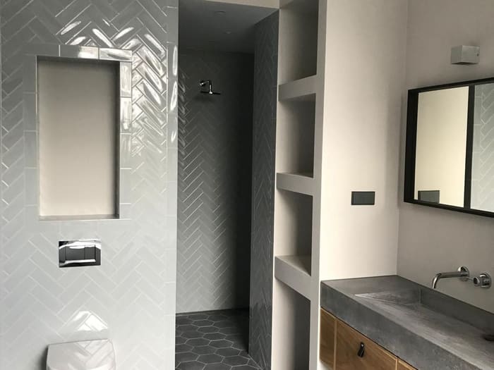 Luxury bathroom with geometric tiling, Amsterdam
